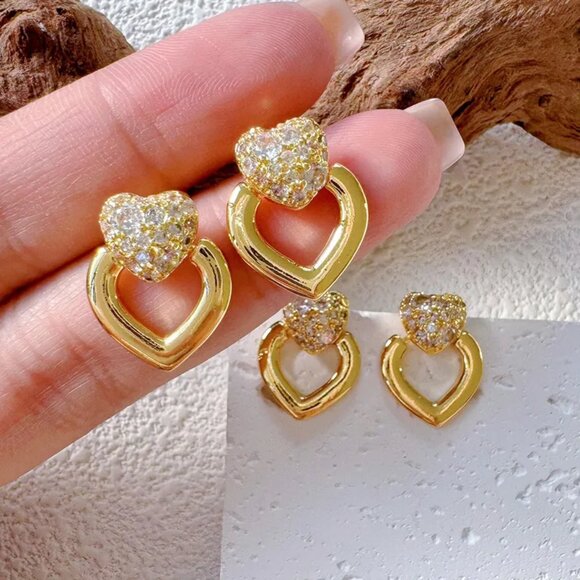 3/$35 Gold Tone Titanium Steel CZ Heart Dangle Drop Earrings Zircon Ear Studs - Picture 5 of 6